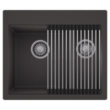 HD Aspen Antracit 58 kétmedencés gránit mosogatótálca szett, acél csepegtetőráccsal, matt antracit színben, szálcsiszolt króm leeresztő szifonnal