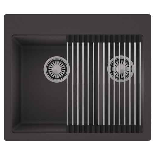 HD Aspen Antracit 58 kétmedencés gránit mosogatótálca szett, acél csepegtetőráccsal, matt antracit színben, szálcsiszolt króm leeresztő szifonnal