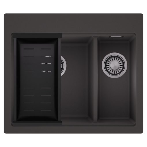 HD Aspen Antracit 58 kétmedencés gránit mosogatótálca szett, matt fekete csepegtetőkosárral, matt antracit színben, szálcsiszolt króm leeresztő szifonnal