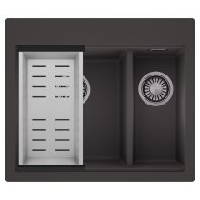 HD Aspen Antracit 58 kétmedencés gránit mosogatótálca szett, acél csepegtetőkosárral, matt antracit színben, szálcsiszolt króm leeresztő szifonnal