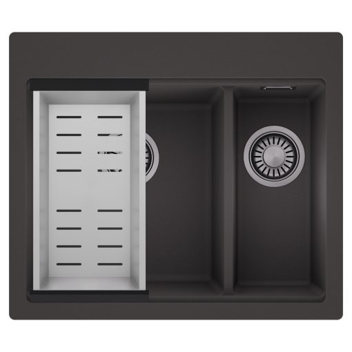HD Aspen Antracit 58 kétmedencés gránit mosogatótálca szett, acél csepegtetőkosárral, matt antracit színben, szálcsiszolt króm leeresztő szifonnal