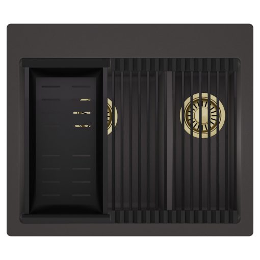 HD Aspen Antracit 58 kétmedencés gránit mosogatótálca szett, matt fekete csepegtetőráccsal és kosárral, matt antracit színben, szálcsiszolt arany leeresztő szifonnal