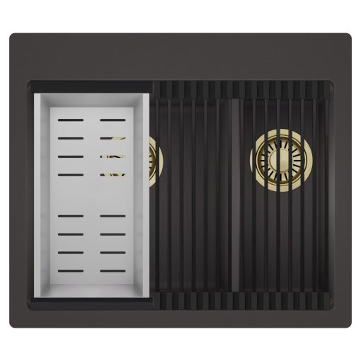 HD Aspen Antracit 58 kétmedencés gránit mosogatótálca szett, matt fekete csepegtetőráccsal és krómozott kosárral, matt antracit színben, szálcsiszolt arany leeresztő szifonnal