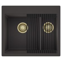 HD Aspen Antracit 58 kétmedencés gránit mosogatótálca szett, matt fekete csepegtetőráccsal, matt antracit színben, szálcsiszolt arany leeresztő szifonnal