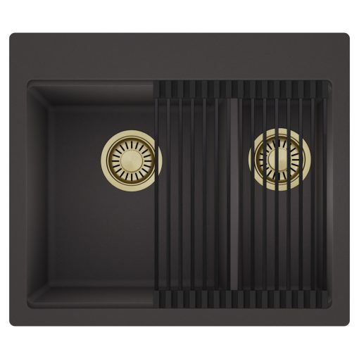 HD Aspen Antracit 58 kétmedencés gránit mosogatótálca szett, matt fekete csepegtetőráccsal, matt antracit színben, szálcsiszolt arany leeresztő szifonnal