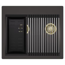 HD Aspen Antracit 58 kétmedencés gránit mosogatótálca szett, acél csepegtetőráccsal és matt fekete kosárral, matt antracit színben, szálcsiszolt arany leeresztő szifonnal