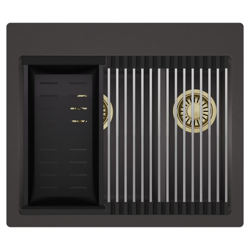 HD Aspen Antracit 58 kétmedencés gránit mosogatótálca szett, acél csepegtetőráccsal és matt fekete kosárral, matt antracit színben, szálcsiszolt arany leeresztő szifonnal
