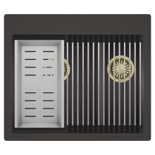 HD Aspen Antracit 58 kétmedencés gránit mosogatótálca szett, acél csepegtetőráccsal és kosárral, matt antracit színben, szálcsiszolt arany leeresztő szifonnal