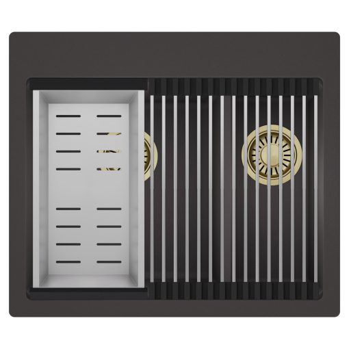 HD Aspen Antracit 58 kétmedencés gránit mosogatótálca szett, acél csepegtetőráccsal és kosárral, matt antracit színben, szálcsiszolt arany leeresztő szifonnal
