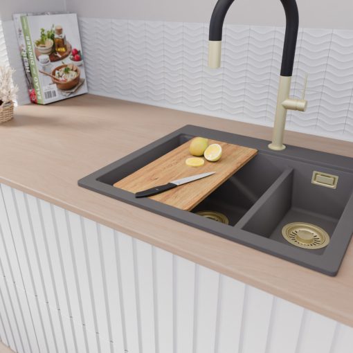 HD Aspen Antracit 58 kétmedencés gránit mosogatótálca szett, vágódeszkával, matt fekete csepegtetőráccsal és kosárral, matt antracit színben, szálcsiszolt arany leeresztő szifonnal