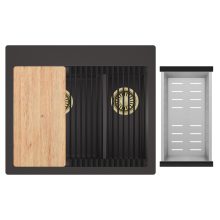 HD Aspen Antracit 58 kétmedencés gránit mosogatótálca szett, vágódeszkával, matt fekete csepegtetőráccsal és krómozott kosárral, matt antracit színben, szálcsiszolt arany leeresztő szifonnal