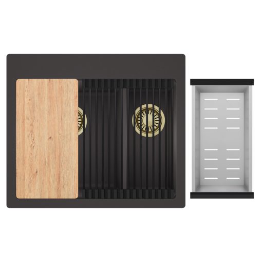 HD Aspen Antracit 58 kétmedencés gránit mosogatótálca szett, vágódeszkával, matt fekete csepegtetőráccsal és krómozott kosárral, matt antracit színben, szálcsiszolt arany leeresztő szifonnal
