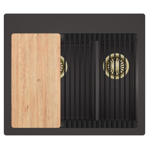 HD Aspen Antracit 58 kétmedencés gránit mosogatótálca szett, vágódeszkával, matt fekete csepegtetőráccsal, matt antracit színben, szálcsiszolt arany leeresztő szifonnal