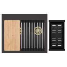 HD Aspen Antracit 58 kétmedencés gránit mosogatótálca szett, vágódeszkával, acél csepegtetőráccsal és matt fekete kosárral, matt antracit színben, szálcsiszolt arany leeresztő szifonnal