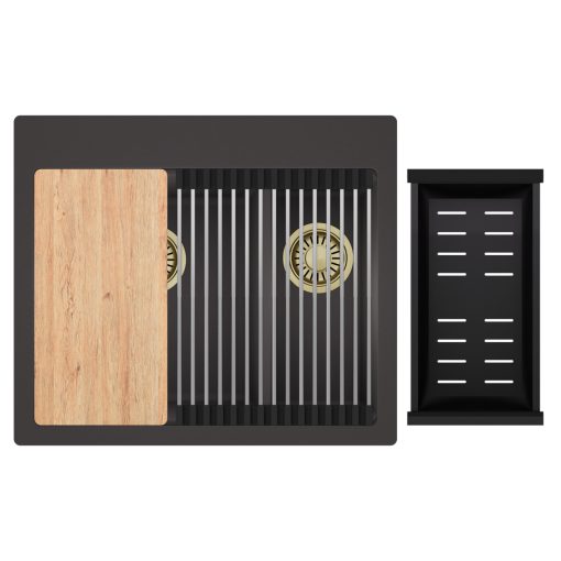 HD Aspen Antracit 58 kétmedencés gránit mosogatótálca szett, vágódeszkával, acél csepegtetőráccsal és matt fekete kosárral, matt antracit színben, szálcsiszolt arany leeresztő szifonnal