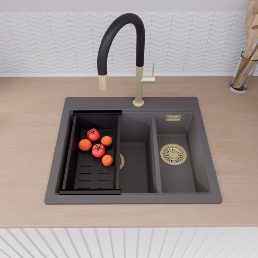 HD Aspen Antracit 58 kétmedencés gránit mosogatótálca szett, vágódeszkával, acél csepegtetőráccsal és matt fekete kosárral, matt antracit színben, szálcsiszolt arany leeresztő szifonnal
