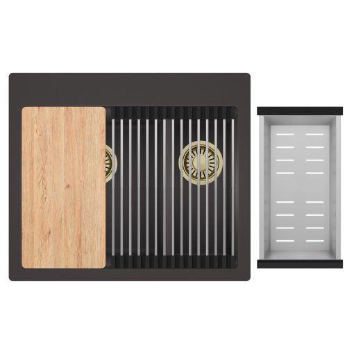 HD Aspen Antracit 58 kétmedencés gránit mosogatótálca szett, vágódeszkával, acél csepegtetőráccsal és kosárral, matt antracit színben, szálcsiszolt arany leeresztő szifonnal