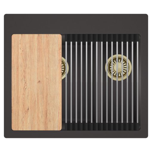 HD Aspen Antracit 58 kétmedencés gránit mosogatótálca szett, vágódeszkával, acél csepegtetőráccsal, matt antracit színben, szálcsiszolt arany leeresztő szifonnal