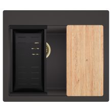 HD Aspen Antracit 58 kétmedencés gránit mosogatótálca szett, vágódeszkával, matt fekete csepegtetőkosárral, matt antracit színben, szálcsiszolt arany leeresztő szifonnal