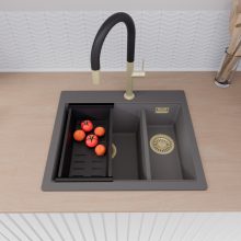 HD Aspen Antracit 58 kétmedencés gránit mosogatótálca szett, vágódeszkával, matt fekete csepegtetőkosárral, matt antracit színben, szálcsiszolt arany leeresztő szifonnal