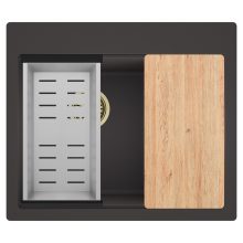 HD Aspen Antracit 58 kétmedencés gránit mosogatótálca szett, vágódeszkával, acél csepegtetőkosárral, matt antracit színben, szálcsiszolt arany leeresztő szifonnal