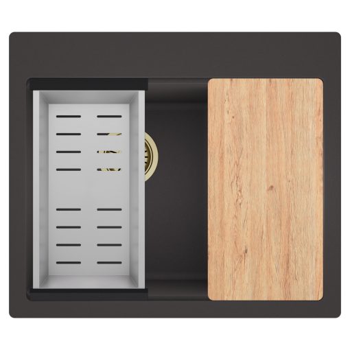 HD Aspen Antracit 58 kétmedencés gránit mosogatótálca szett, vágódeszkával, acél csepegtetőkosárral, matt antracit színben, szálcsiszolt arany leeresztő szifonnal