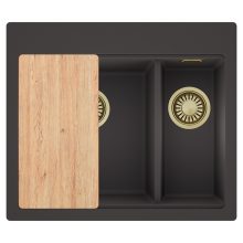 HD Aspen Antracit 58 kétmedencés gránit mosogatótálca, vágódeszkával, matt antracit színben, szálcsiszolt arany leeresztő szifonnal