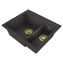 HD Aspen Antracit 58 kétmedencés gránit mosogatótálca, vágódeszkával, matt antracit színben, szálcsiszolt arany leeresztő szifonnal
