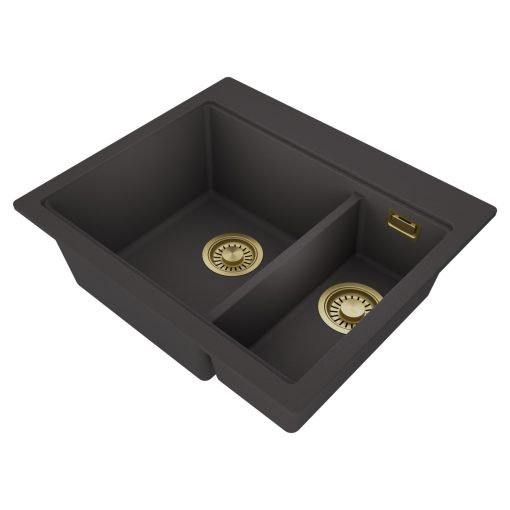 HD Aspen Antracit 58 kétmedencés gránit mosogatótálca, vágódeszkával, matt antracit színben, szálcsiszolt arany leeresztő szifonnal
