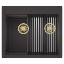HD Aspen Antracit 58 kétmedencés gránit mosogatótálca szett, acél csepegtetőráccsal, matt antracit színben, szálcsiszolt arany leeresztő szifonnal