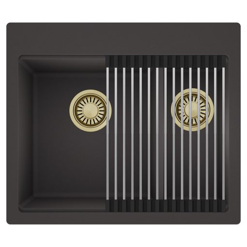 HD Aspen Antracit 58 kétmedencés gránit mosogatótálca szett, acél csepegtetőráccsal, matt antracit színben, szálcsiszolt arany leeresztő szifonnal