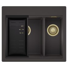 HD Aspen Antracit 58 kétmedencés gránit mosogatótálca szett, matt fekete csepegtetőkosárral, matt antracit színben, szálcsiszolt arany leeresztő szifonnal