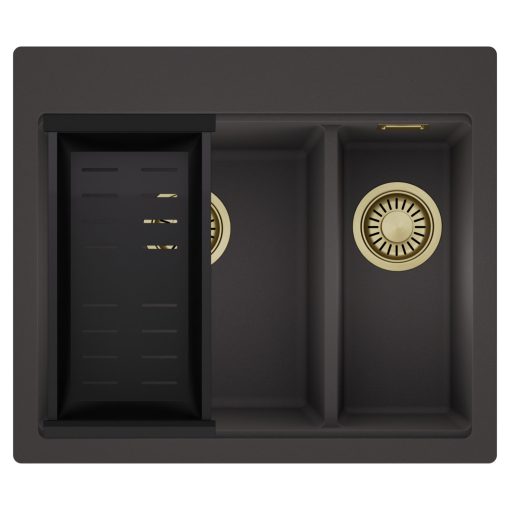 HD Aspen Antracit 58 kétmedencés gránit mosogatótálca szett, matt fekete csepegtetőkosárral, matt antracit színben, szálcsiszolt arany leeresztő szifonnal