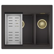 HD Aspen Antracit 58 kétmedencés gránit mosogatótálca szett, acél csepegtetőkosárral, matt antracit színben, szálcsiszolt arany leeresztő szifonnal
