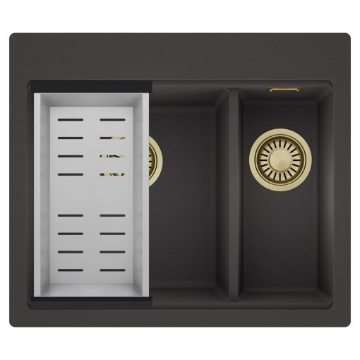 HD Aspen Antracit 58 kétmedencés gránit mosogatótálca szett, acél csepegtetőkosárral, matt antracit színben, szálcsiszolt arany leeresztő szifonnal