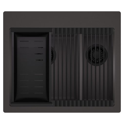 HD Aspen Antracit 58 kétmedencés gránit mosogatótálca szett, matt fekete csepegtetőráccsal és kosárral, matt antracit színben, matt fekete leeresztő szifonnal
