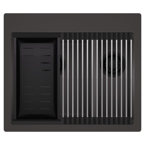 HD Aspen Antracit 58 kétmedencés gránit mosogatótálca szett, acél csepegtetőráccsal és matt fekete kosárral, matt antracit színben, matt fekete leeresztő szifonnal