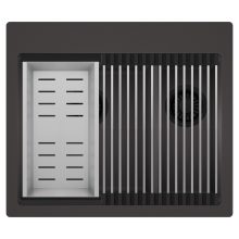 HD Aspen Antracit 58 kétmedencés gránit mosogatótálca szett, acél csepegtetőráccsal és kosárral, matt antracit színben, matt fekete leeresztő szifonnal