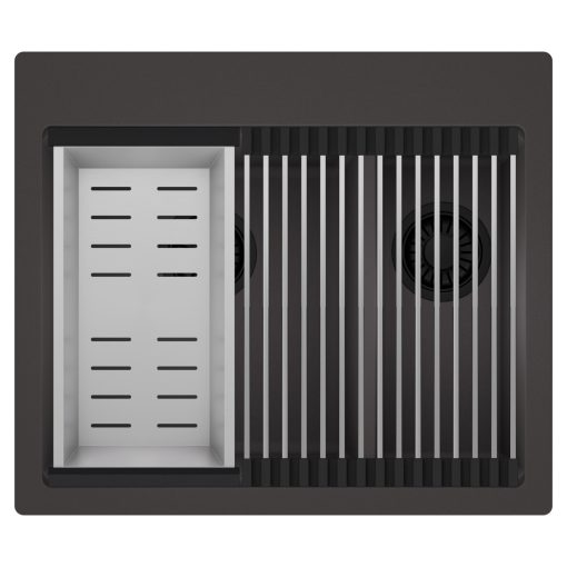 HD Aspen Antracit 58 kétmedencés gránit mosogatótálca szett, acél csepegtetőráccsal és kosárral, matt antracit színben, matt fekete leeresztő szifonnal