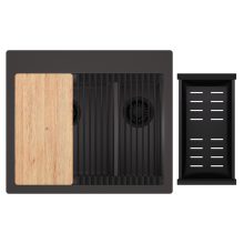 HD Aspen Antracit 58 kétmedencés gránit mosogatótálca szett, vágódeszkával, matt fekete csepegtetőráccsal és kosárral, matt antracit színben, matt fekete leeresztő szifonnal