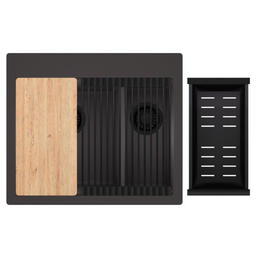 HD Aspen Antracit 58 kétmedencés gránit mosogatótálca szett, vágódeszkával, matt fekete csepegtetőráccsal és kosárral, matt antracit színben, matt fekete leeresztő szifonnal