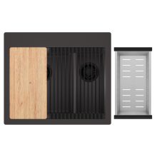 HD Aspen Antracit 58 kétmedencés gránit mosogatótálca szett, vágódeszkával, matt fekete csepegtetőráccsal és krómozott kosárral, matt antracit színben, matt fekete leeresztő szifonnal