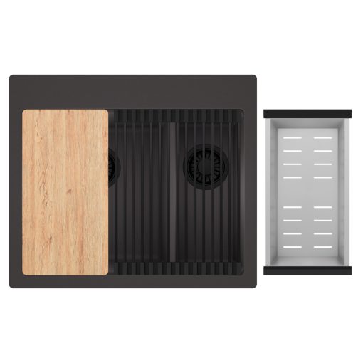 HD Aspen Antracit 58 kétmedencés gránit mosogatótálca szett, vágódeszkával, matt fekete csepegtetőráccsal és krómozott kosárral, matt antracit színben, matt fekete leeresztő szifonnal