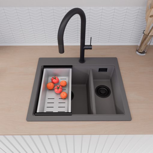 HD Aspen Antracit 58 kétmedencés gránit mosogatótálca szett, vágódeszkával, matt fekete csepegtetőráccsal és krómozott kosárral, matt antracit színben, matt fekete leeresztő szifonnal