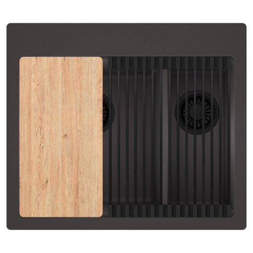 HD Aspen Antracit 58 kétmedencés gránit mosogatótálca szett, vágódeszkával, matt fekete csepegtetőráccsal, matt antracit színben, matt fekete leeresztő szifonnal