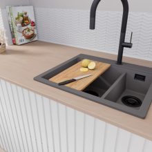 HD Aspen Antracit 58 kétmedencés gránit mosogatótálca szett, vágódeszkával, matt fekete csepegtetőráccsal, matt antracit színben, matt fekete leeresztő szifonnal
