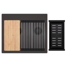 HD Aspen Antracit 58 kétmedencés gránit mosogatótálca szett, vágódeszkával, acél csepegtetőráccsal és matt fekete kosárral, matt antracit színben, matt fekete leeresztő szifonnal