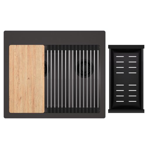 HD Aspen Antracit 58 kétmedencés gránit mosogatótálca szett, vágódeszkával, acél csepegtetőráccsal és matt fekete kosárral, matt antracit színben, matt fekete leeresztő szifonnal