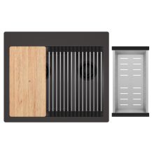 HD Aspen Antracit 58 kétmedencés gránit mosogatótálca szett, vágódeszkával, acél csepegtetőráccsal és kosárral, matt antracit színben, matt fekete leeresztő szifonnal