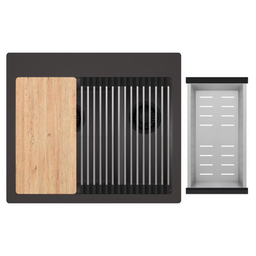 HD Aspen Antracit 58 kétmedencés gránit mosogatótálca szett, vágódeszkával, acél csepegtetőráccsal és kosárral, matt antracit színben, matt fekete leeresztő szifonnal